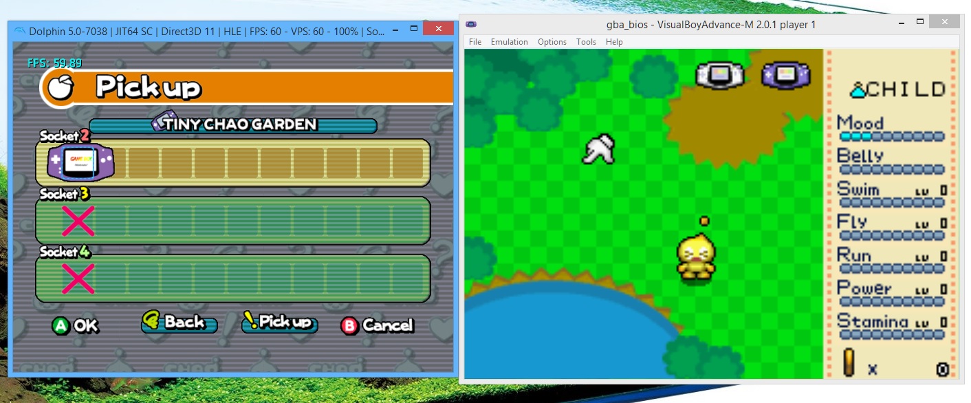 Image showing GBA connection in Socket 2, but no items for pick up. Note older Dolphin/VBA-M versions at time of screenshot